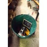 GREEN COLLAPSIBLE GARDEN SACK WITH VARIOUS HAND TOOLS INCL; BOW SAWS & A SPIRIT LEVEL