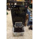 CARTON OF WOODEN COAT HANGERS & BLACK METAL JACK WILLS ADVERTISING SIGN