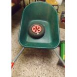 GREEN PLASTIC RUBBER TYRE WHEEL BARROW WITH SPARE WHEEL