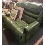 DARK GREEN LEATHER LOOK 2 SEATER SETTEE WITH RECLINERS