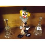 MURANO GLASS CLOWN & 2 GLASS BELLS