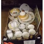 CARTON WITH MISC MUGS, CUPS & SAUCERS & A CERAMIC PLAQUE