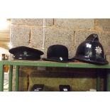 BLACK LONDON FIRE BRIGADE HELMET, A BOWLER HAT & BLACK PEEK HAT