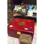 SHELF WITH JOY DAVIS POTTERY BATHROOM ORNAMENTS & LARGE REDWOOD JEWEL CASKET BY ASTON GERARD, TEA