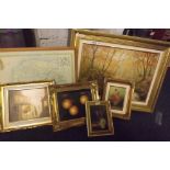 LOVELY GILT FRAMED WOODLAND OIL PAINTING & VARIOUS OTHER GILT FRAMED PAINTINGS