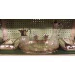 2 GLASS & PLATED CLARET JUGS, 2 PLATED TUREENS, GALLERY TRAY & GOBLETS