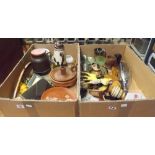 2 CARTONS OF MIXED BRIC-A-BRAC, TREEN ITEMS, WATCOMBE POTTERY TORQUAY A/F & HAND MIRRORS