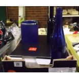 CARTON WITH 4 DRINKING GLASSES, BLUE BOTTLES & A BLUE PLASTIC BOTTLE HOLDER