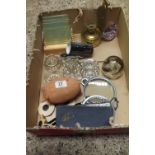 CARTON WITH MISC GLASS SALTS, FRIDGE MAGNETS, PAPERWEIGHTS, MAGNIFYING GLASS, SMALL GLASS DRINK