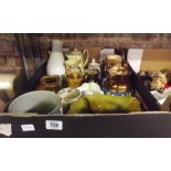 TWO CARTONS OF MIXED CHINA WARE INCL: GLAZED STUDIO POTTERY, SMALL CHINA HEADED DOLLS, LUSTRE JUGS &