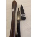 A WOODEN BULBOUS COSH & A SPEAR BLADED DAGGER IN SHEATH