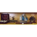 SHELF WITH 3 MODEL BOATS & A SET OF 6 WHITE METAL GOBLETS