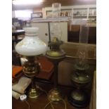 2 BRASS OIL LAMPS WITH CHIMNEY'S & BRASS TABLE LAMP WITH GLASS SHADE