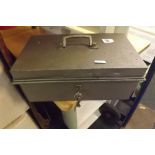 GREY METAL CASH BOX & CARTON OF MIXED VINTAGE TOBACCO TINS & OTHERS