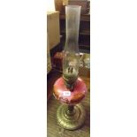 BRASS & PATTERNED GLASS OIL LAMP WITH CHIMNEY