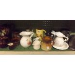 SHELF OF POTTERY JUGS & PEWTER MUGS