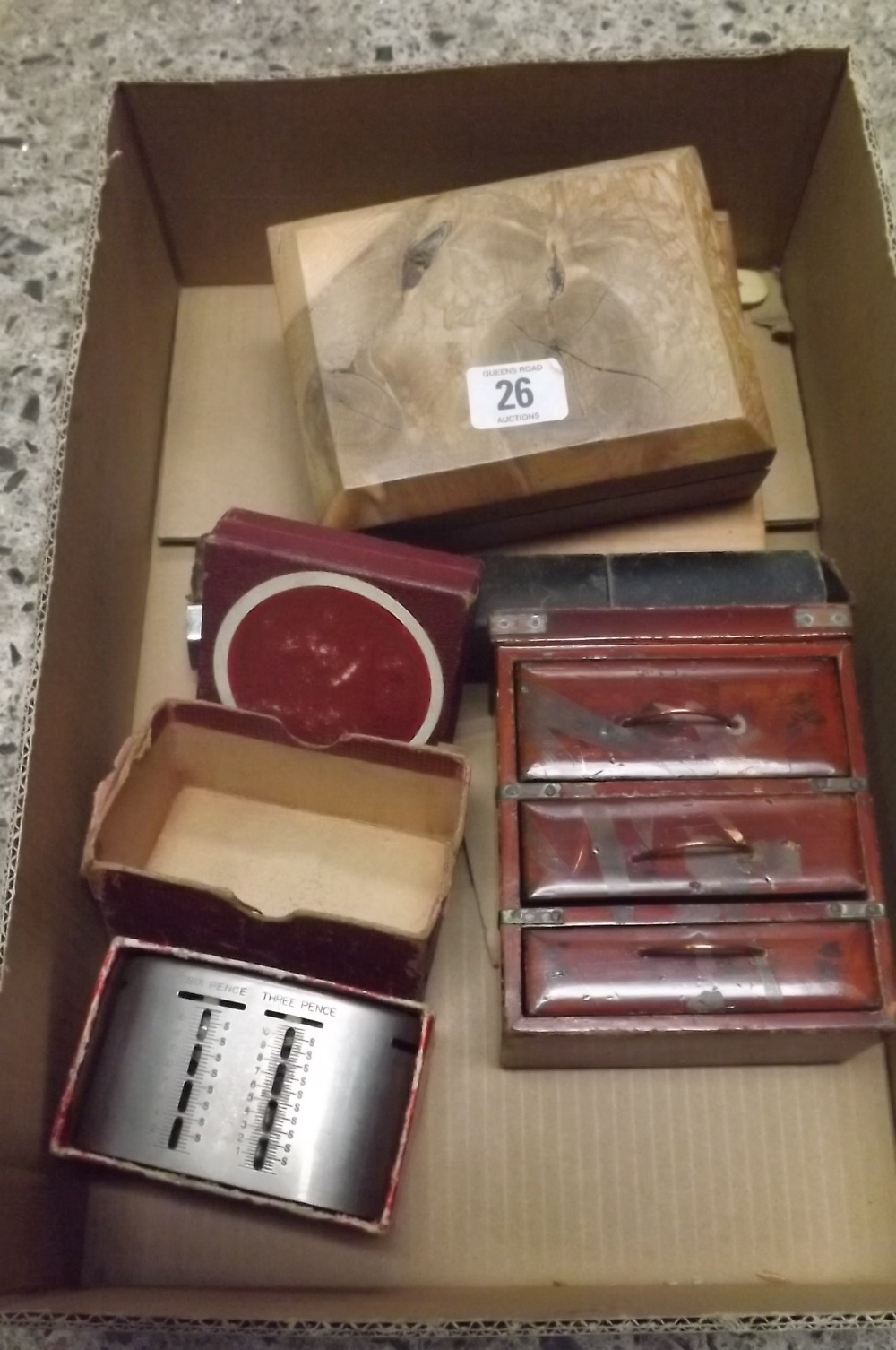 WOODEN TOOLBOX WITH SHOES BUCKLES, VINTAGE SET OF WEIGH SCALES IN BOX, METAL MONEY BOX & MINIATURE