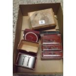 WOODEN TOOLBOX WITH SHOES BUCKLES, VINTAGE SET OF WEIGH SCALES IN BOX, METAL MONEY BOX & MINIATURE