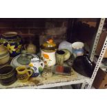 SHELF OF MISC VASES, JUGS & A STONE WATER BOTTLE