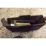 A WOOD BOX CONTAINING, HACKSAW,FOOT PUMP, GREASE PUMPS & SMALL VICE