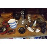 GLASS DECANTER, VARIOUS POTTERY & CHINA ORNAMENTS, GLASS WARE & WOODEN BISCUIT BARREL CONTAINING