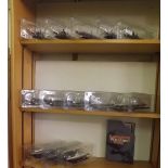 3 SHELVES OF LEGENDARY WAR SHIPS OF WWII IN THEIR PLASTIC WRAPS - 14 IN TOTAL WITH BOOKLETS