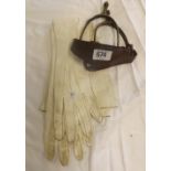 PAIR OF LEATHER SPURS WITH LEATHER STRAPS & PAIR OF LONG SLEEVED WHITE LADIES KID GLOVES