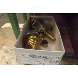CARTON WITH 2 SMALL BRASS CARRIAGE LAMPS A/F