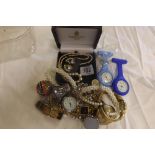 SMALL CARTON OF COSTUME JEWELLERY, A RADO, BLACK & GILT WATCH & OTHER COSTUME JEWELLERY