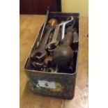 A TIN CONTAINING VARIOUS HAND TOOLS, SPANNERS, SCREWDRIVERS ETC