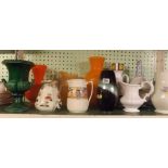 GOOD SHELF OF POTTERY & GLASS JUGS & VASES