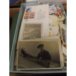 SMALL CARTON OF BRITISH POSTAGE STAMPS, POSTCARDS & VINTAGE POSTCARDS