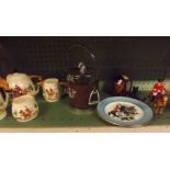 SHELF OF HUNTING POTTERY & LEATHER & PLATED ICE BUCKET