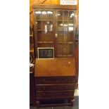 1930's OAK BUREAU BOOKCASE WITH BRASS DROP HANDLES GLASS FRONTED SHELVING
