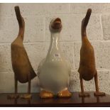 TWO WOODEN DUCKS & A CHINA GOOSE