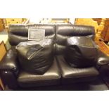GOOD QUALITY BLACK UPHOLSTERED 3 SEATER SETTEE WITH 2 POUFFE'S