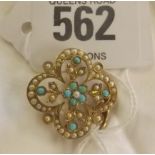 9ct GOLD PEARL & TURQUOISE PENDANT / BROOCH