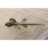 SILVER HANDLED BUTTON HOOK & 3 SILVER TEA SPOONS