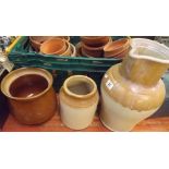 LARGE STONE WARE HANDLED JUG & 2 OTHER STONE WARE JARS