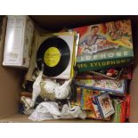 CARTON CONTAINING MISC CHILDREN'S CARD GAMES,HAPPY FAMILY, RUMMY, XYLOPHONE, 45 RPM RECORDS &