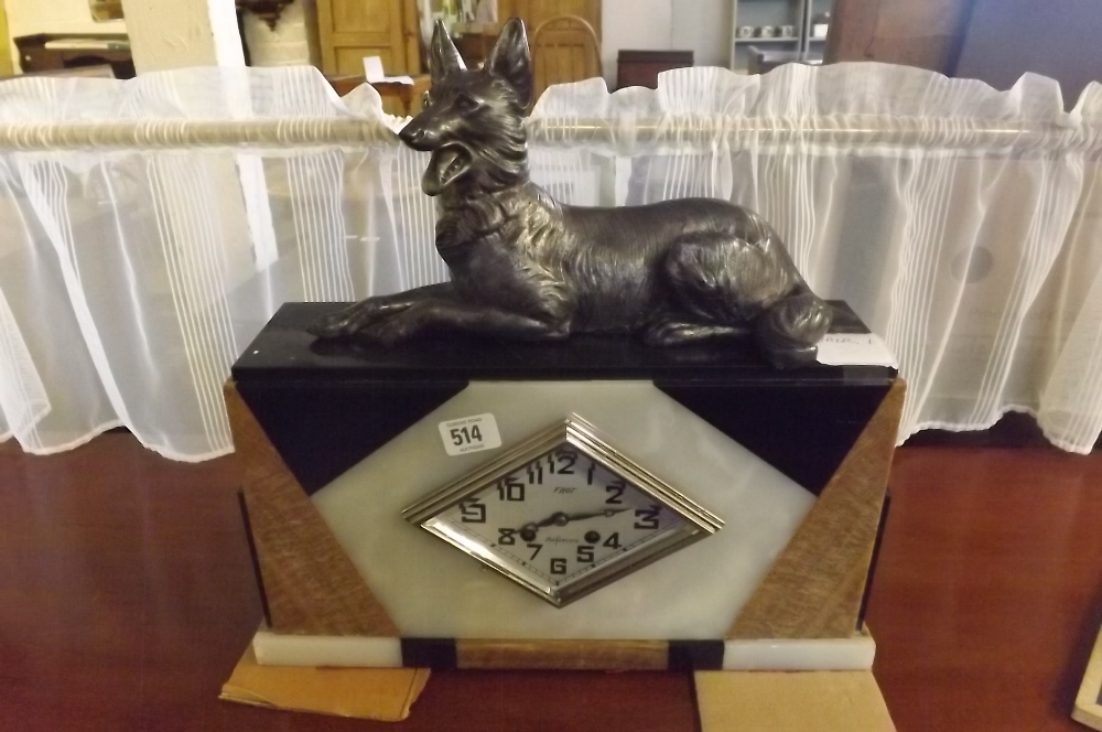 STYLISH ART DECO MARBLE STRIKING CLOCK WITH GERMAN SHEPHERD SCULPTURE