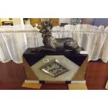 STYLISH ART DECO MARBLE STRIKING CLOCK WITH GERMAN SHEPHERD SCULPTURE