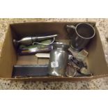 CARTON WITH PEWTER MUGS, VASE,HARMONICA & VARIOUS OTHER METAL WARE