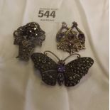 SILVER & AMETHYST BUTTERFLY BROOCH MARCASITE, SILVER & AMETHYST DOUBLE HEART BROOCH & SILVER &