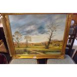 MODERN GILT FRAMED LANDSCAPE IN OIL & A SPANISH FRAMED PRINT