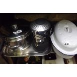 WHITE ENAMELED PAN, STAINLESS STEEL SAUCEPAN & TRAY & A WINDUP CAMPING LIGHT