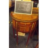 SMALL REPRODUCTION INLAID HALF MOON HALL TABLE WITH BRASS GALLERY & DRAWERS