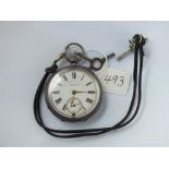 A silver pocket watch with leather Albert by J G Greeves, Sheffield with seconds sweep