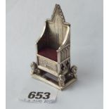 Miniature Coronation chair on lion supports, pin cushion seat - B'ham 1910 by L&S