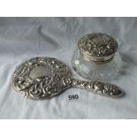Embossed top dressing table jar, mirror interior, glass body and a hand mirror